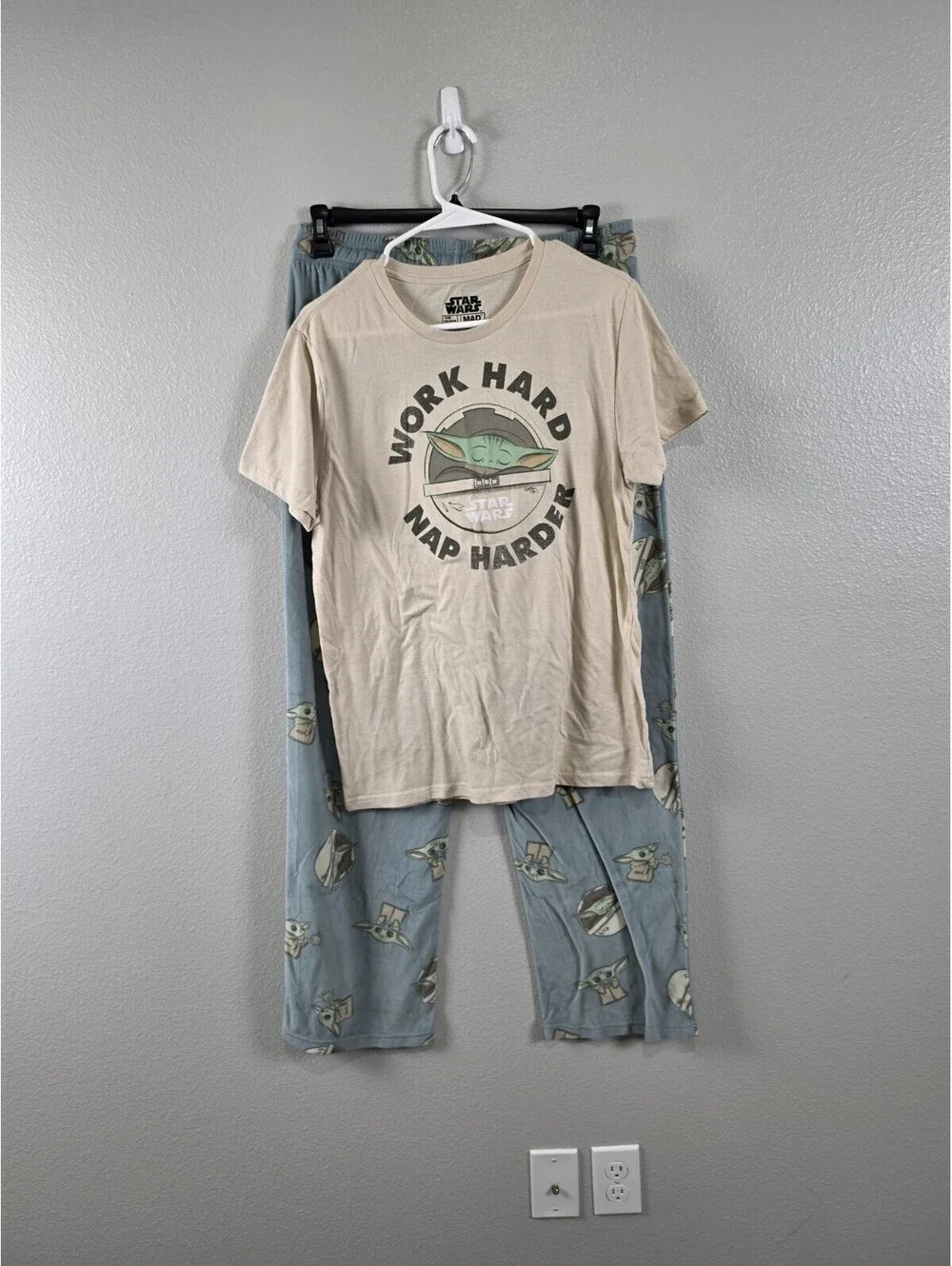 Star Wars Men's Medium Grogu, Pajama Tee And Pant Set, Green Pant Tan Shirt